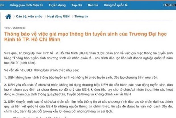 Cảnh giác thủ đoạn giả mạo Đại học Kinh tế TP.HCM tuyển sinh