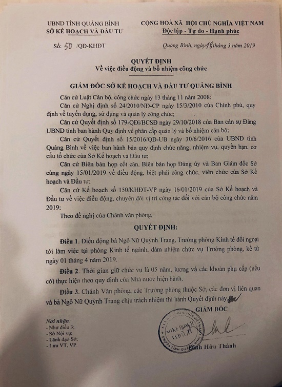 Quảng Bình: Một Sở bất ngờ điều động 10 cán bộ trong một ngày Quảng Bình: Một Sở bất ngờ điều động 10 cán bộ trong một ngày