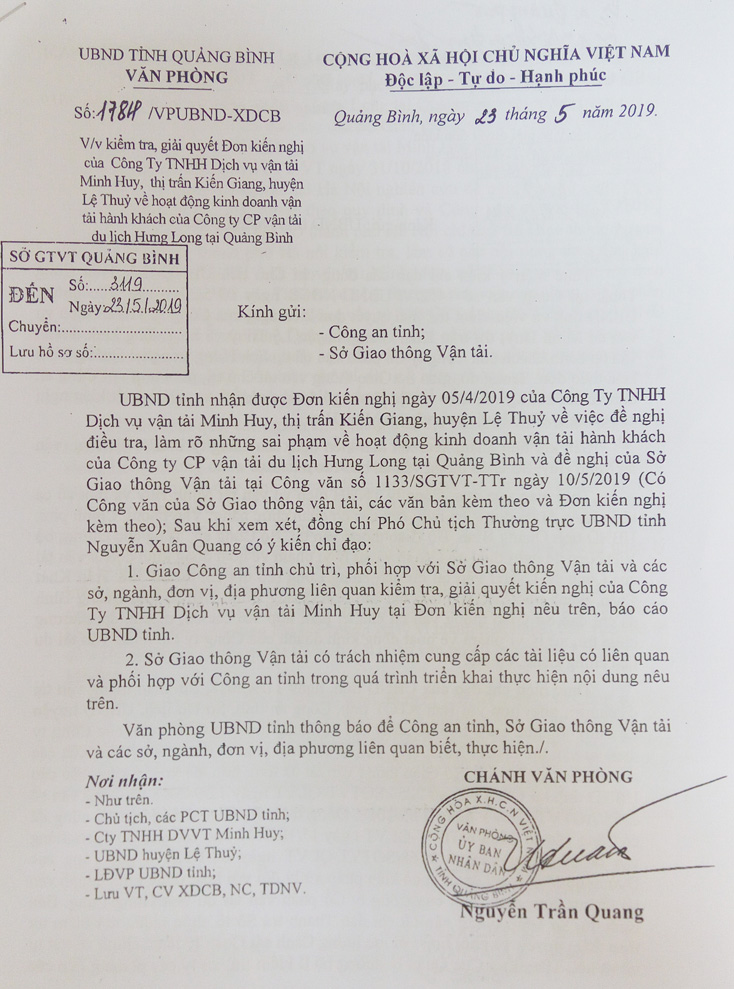 Công an tỉnh sẽ chủ trì kiểm tra, giải quyết đơn kiến nghị của Công ty Minh Huy trong hoạt động kinh...