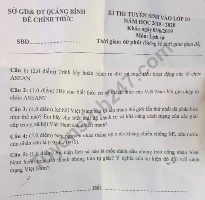 Đáp án đề thi tuyển sinh lớp 10 môn Lịch sử năm 2019 ở Quảng Bình