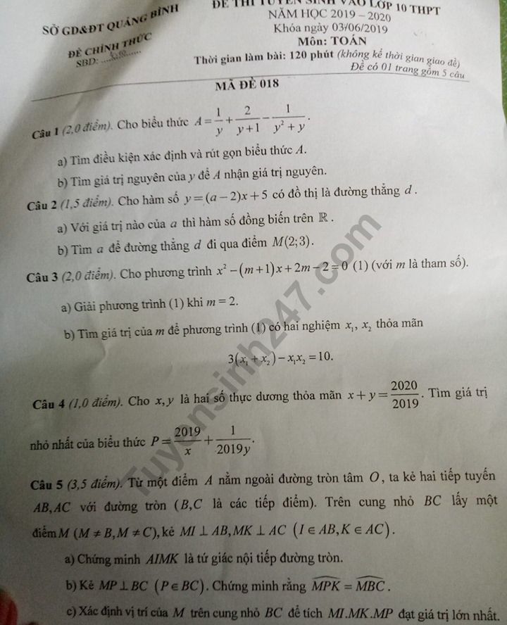 Đáp án đề Toán thi vào lớp 10 Tỉnh Quảng Bình năm 2019