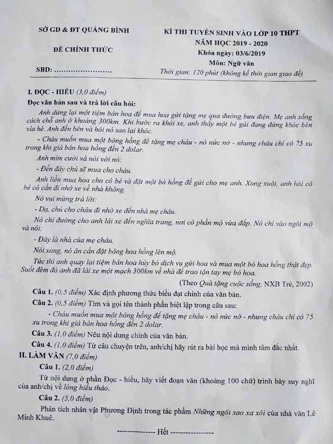 Quảng Bình: Đề thi môn Văn vào lớp 10 giống như copy từ đề thi học kỳ Quảng Bình: Đề thi môn Văn vào lớp 10 giống như copy từ đề thi học kỳ