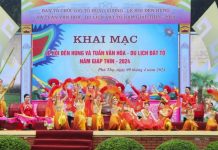 Tưng bừng khai mạc Lễ hội Đền Hùng và Tuần Văn hóa-Du lịch Đất Tổ 2024 Chương trình trình biểu diễn mở màn cho chuỗi các sự kiện Lễ hội Đền Hùng và Tuần Văn hóa-Du lịch Đất Tổ năm Giáp Thìn 2024. (Ảnh: Tạ Toàn/TTXVN)