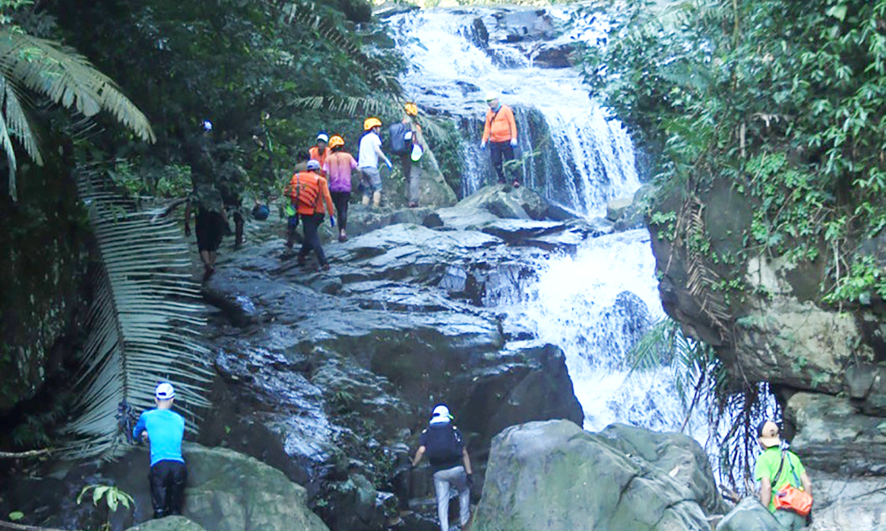 Du khách tham gia trải nghiệm du lịch tại Khu dự trữ thiên nhiên Động Châu-khe Nước Trong.   