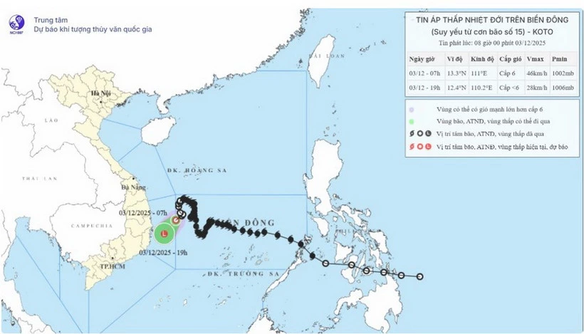 Ảnh minh họa vị trí và quỹ đạo di chuyển của áp thấp nhiệt đới vào lúc 7 giờ sáng ngày 3/12.